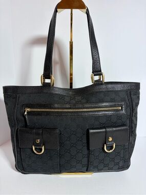 Gucci Black Monogram Abby Tote with Gold Hardware and Front Pockets